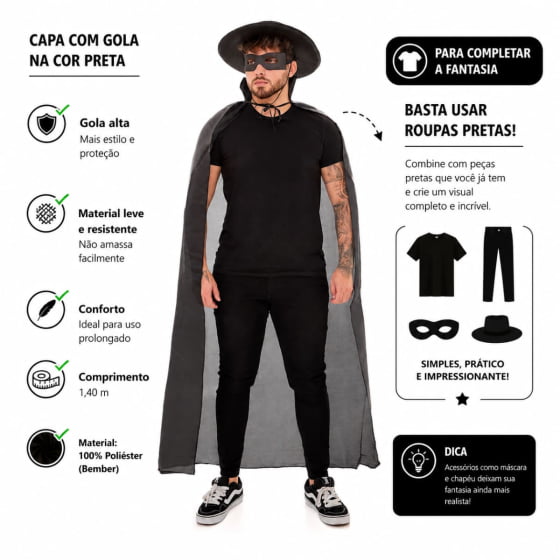 Fantasia Zorro Masculina Ou Feminina Chapéu Capa Máscara