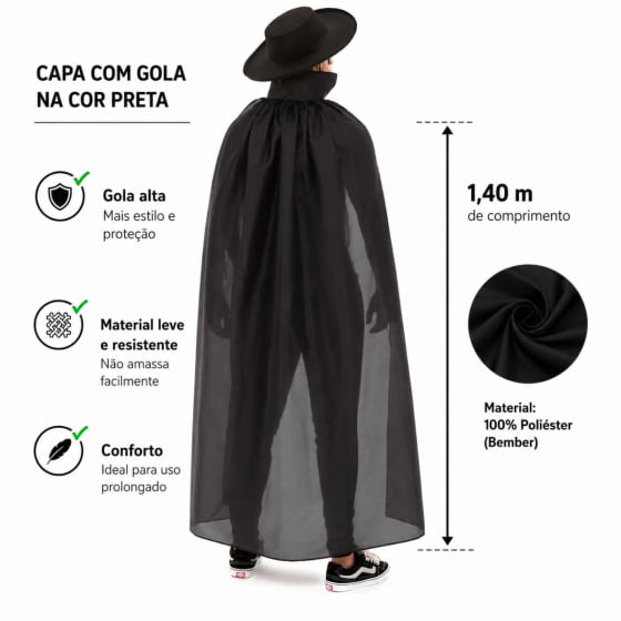Fantasia Zorro Masculina Ou Feminina Chapéu Capa Máscara