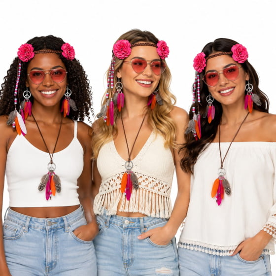 Kit Acessórios Fantasia Hippie Feminina 4 Itens