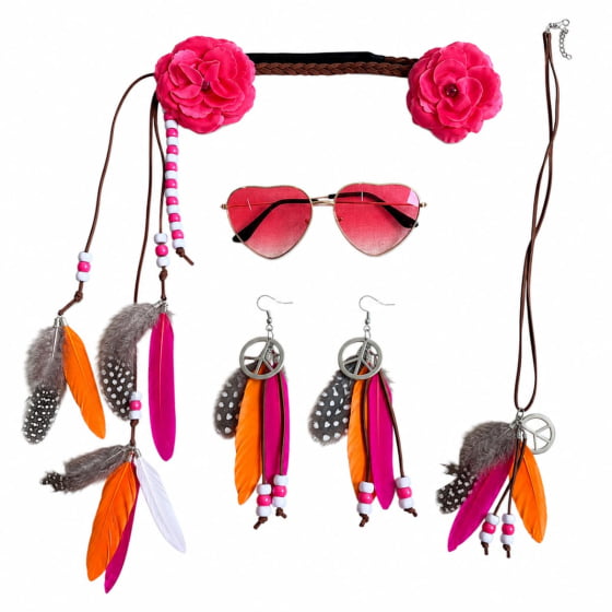 Kit Acessórios Fantasia Hippie Feminina 4 Itens
