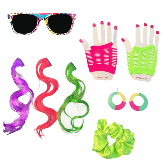 Kit Anos 80 Flash Back (Óculos + Luvas + Brincos + Mechas Coloridas)