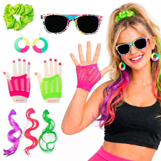 Kit Anos 80 Flash Back (Óculos + Luvas + Brincos + Mechas Coloridas)