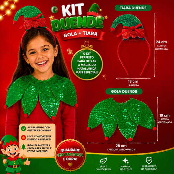 Kit Fantasia Duende de Natal com Gola e Tiara