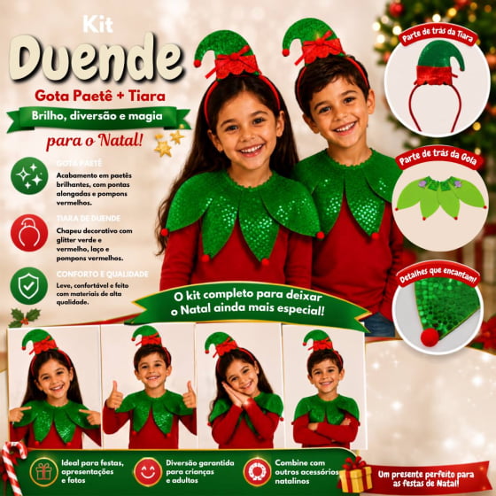 Kit Fantasia Duende de Natal com Gola e Tiara