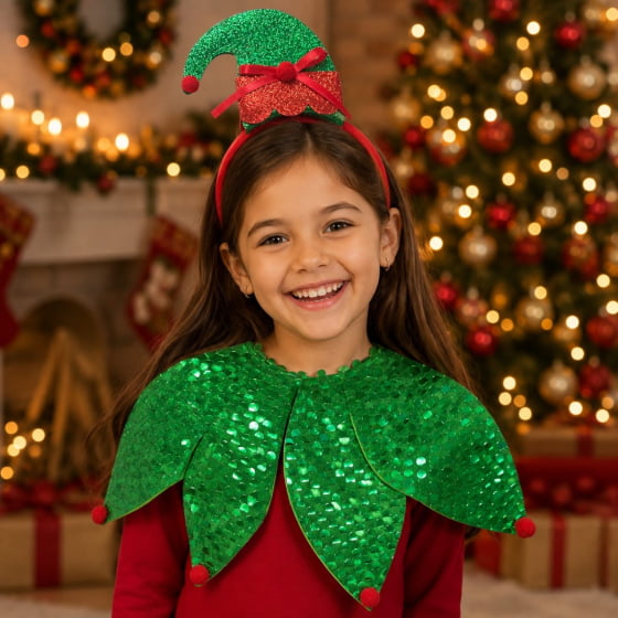 Kit Fantasia Duende de Natal com Gola e Tiara