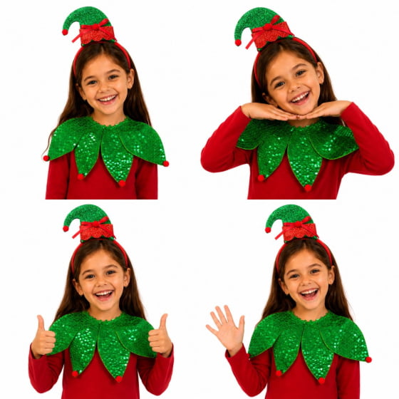 Kit Fantasia Duende de Natal com Gola e Tiara