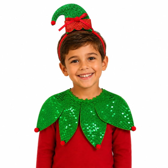 Kit Fantasia Duende de Natal com Gola e Tiara