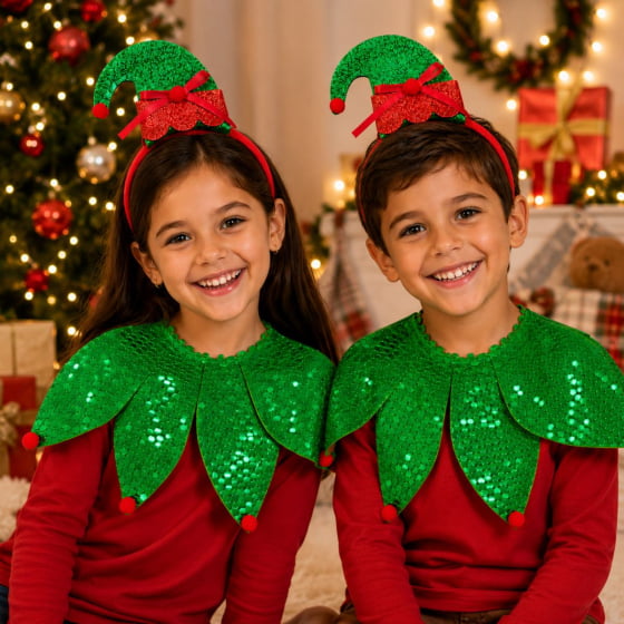 Kit Fantasia Duende de Natal com Gola e Tiara