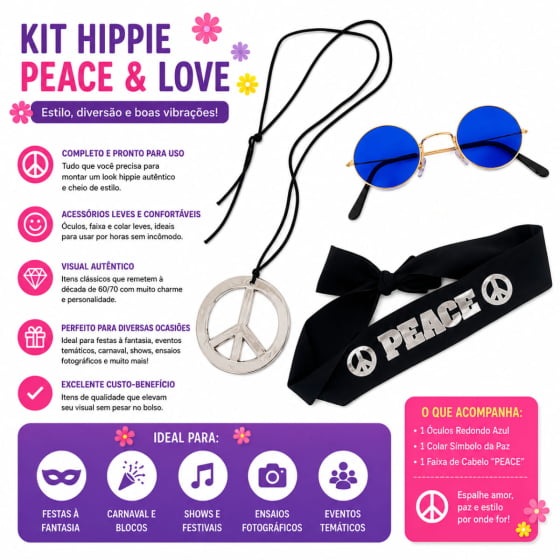Kit Fantasia Hippie Símbolo da Paz com Óculos