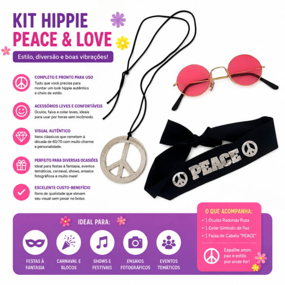 Kit Fantasia Hippie Símbolo da Paz com Óculos