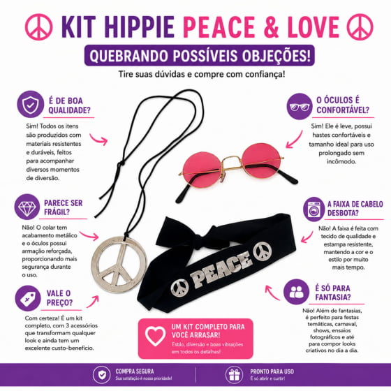 Kit Fantasia Hippie Símbolo da Paz com Óculos
