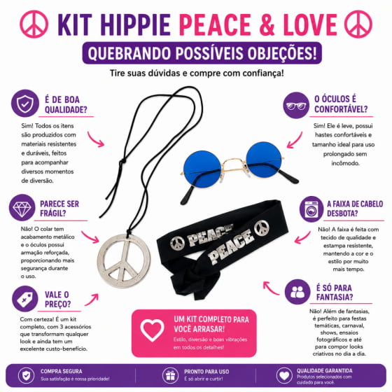 Kit Fantasia Hippie Símbolo da Paz com Óculos