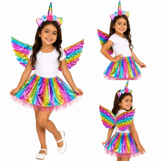 Kit Fantasia Unicórnio Infantil Tiara, Saia e Asa