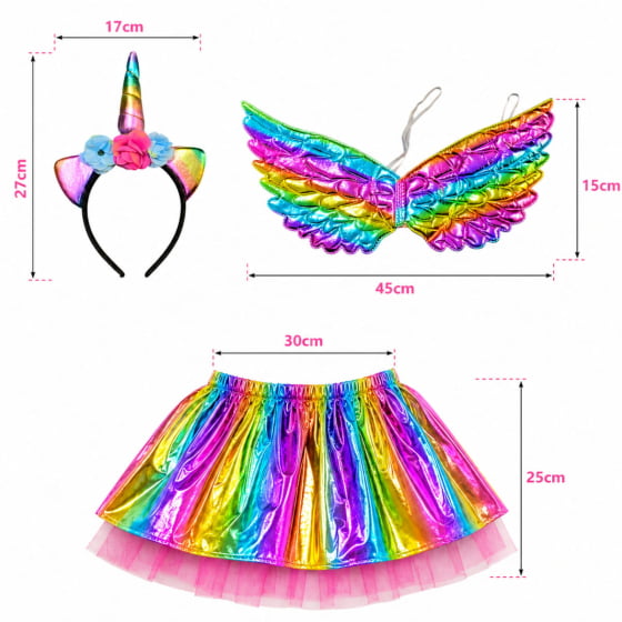 Kit Fantasia Unicórnio Infantil Tiara, Saia e Asa