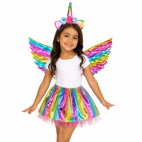 Kit Fantasia Unicórnio Infantil Tiara, Saia e Asa