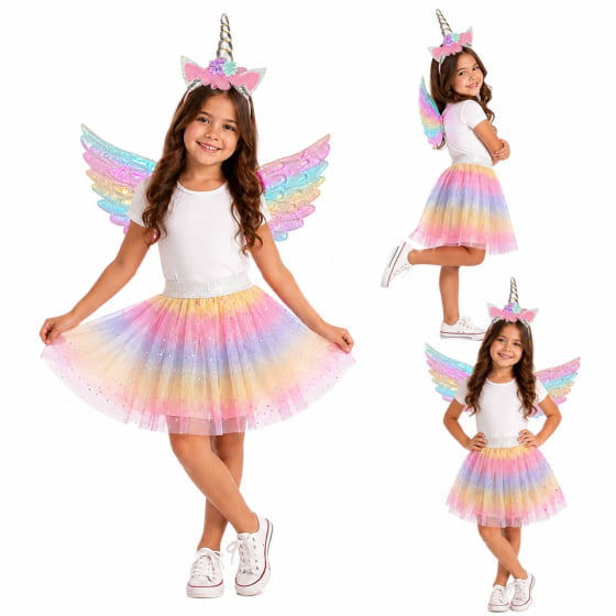 Kit Fantasia Unicórnio Infantil Tiara, Saia e Asa