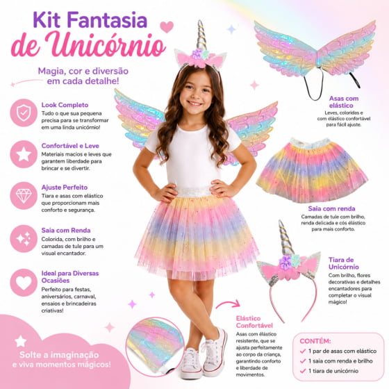 Kit Fantasia Unicórnio Infantil Tiara, Saia e Asa