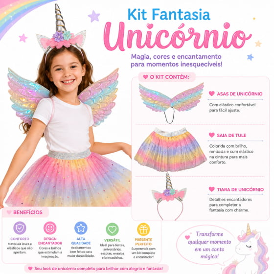 Kit Fantasia Unicórnio Infantil Tiara, Saia e Asa