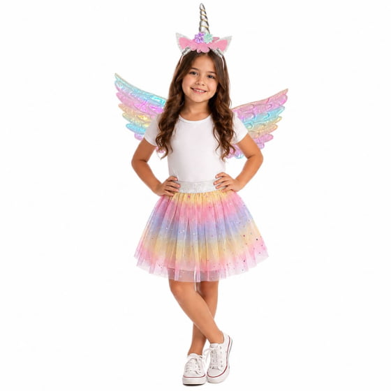Kit Fantasia Unicórnio Infantil Tiara, Saia e Asa
