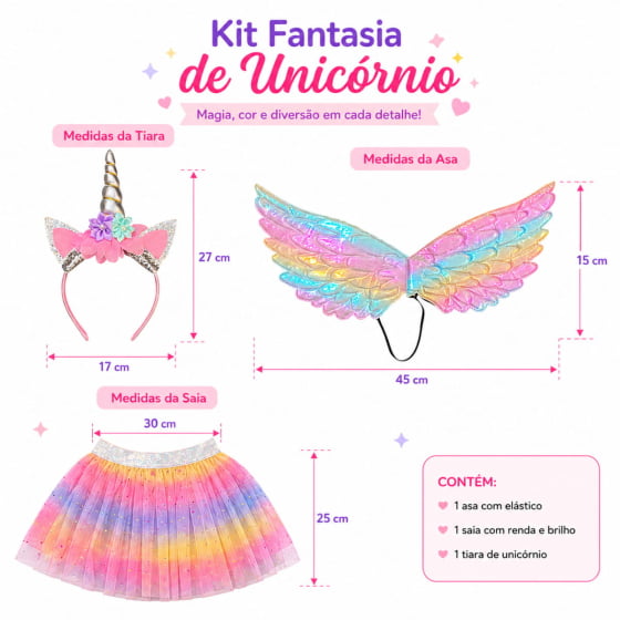 Kit Fantasia Unicórnio Infantil Tiara, Saia e Asa