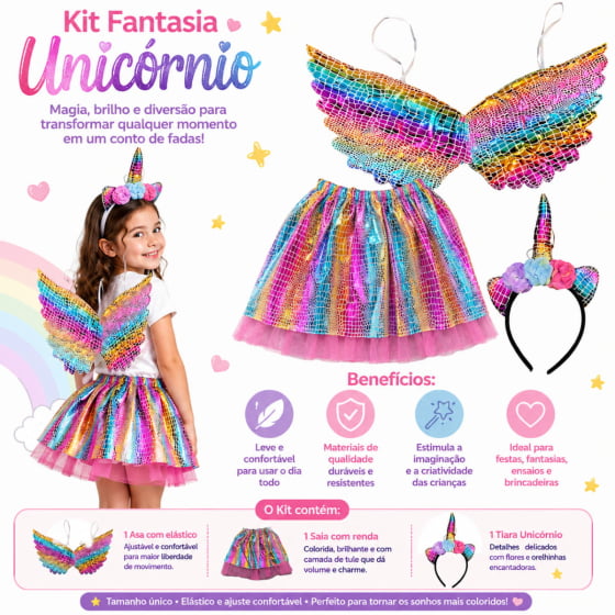 Kit Fantasia Unicórnio Infantil Tiara, Saia e Asa