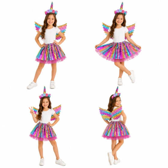 Kit Fantasia Unicórnio Infantil Tiara, Saia e Asa