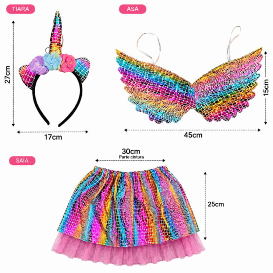Kit Fantasia Unicórnio Infantil Tiara, Saia e Asa