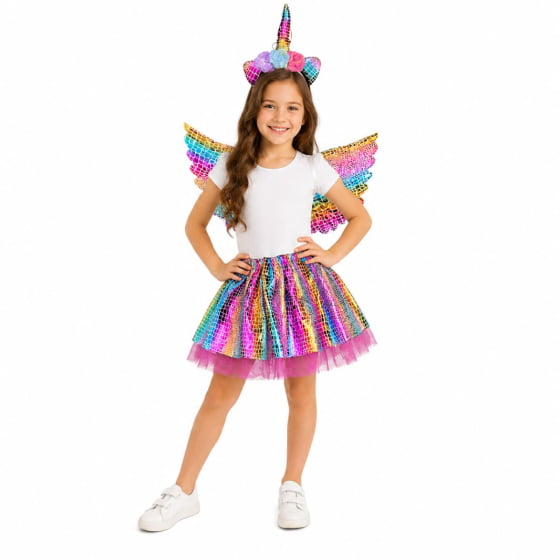 Kit Fantasia Unicórnio Infantil Tiara, Saia e Asa
