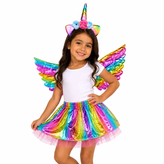Kit Fantasia Unicórnio Infantil Tiara, Saia e Asa