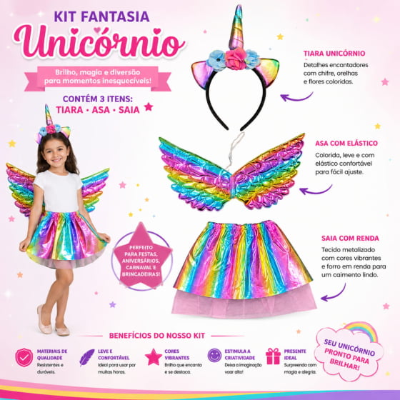 Kit Fantasia Unicórnio infantil (Tiara + saia + asa) Kit Fantasia Unicórnio infantil (Tiara + saia + asa)