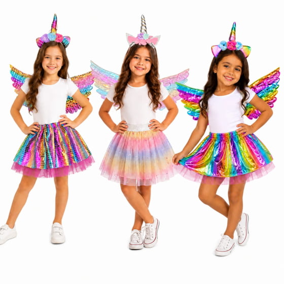 Kit Fantasia Unicórnio infantil (Tiara + saia + asa) Kit Fantasia Unicórnio infantil (Tiara + saia + asa)