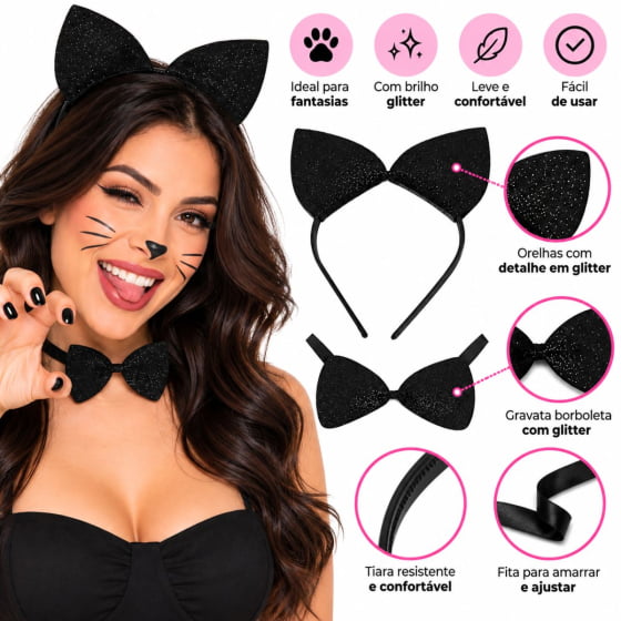 Kit Acessórios Fantasia Gatinha Carnaval Cosplay (Tiara + Gravata)