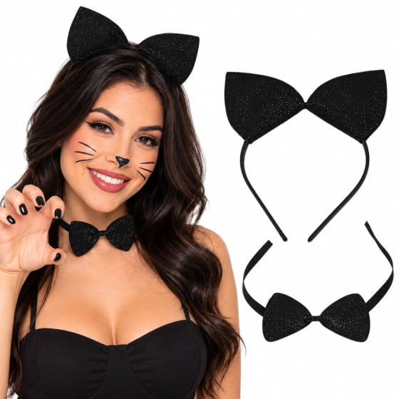 Kit Acessórios Fantasia Gatinha Carnaval Cosplay (Tiara + Gravata)