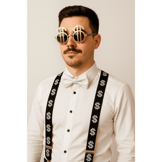 Kit Ostentação Dinheiro Cifrão (Suspensório + Gravata + Óculos Cifrão)