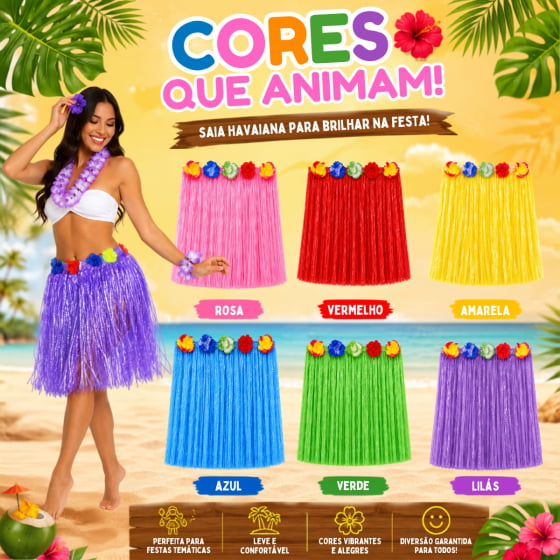 Saia Havaiana Adulto 59 cm Escolha a Cor Saia Havaiana Adulto 59 cm Escolha a Cor