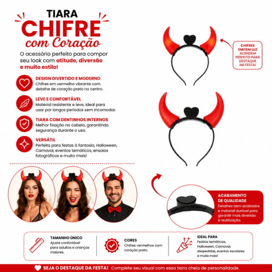 Tiara Chifre de Diabinha Pisca com Coração e Luz Tiara Chifre de Diabinha Pisca com Coração e Luz