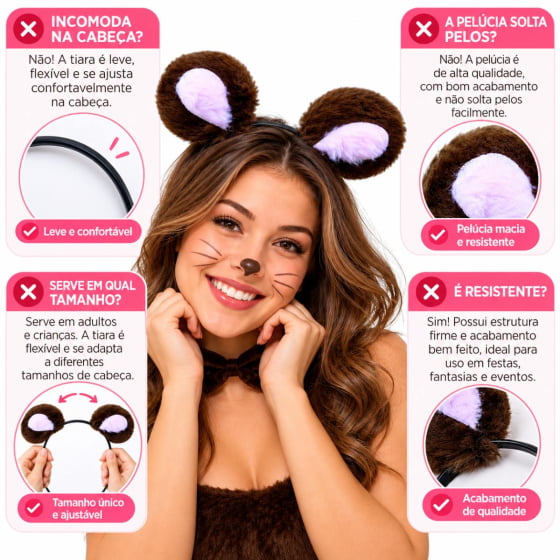 Tiara Orelha de Pelúcia Bichinhos Escolha a Cor