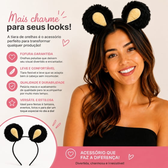 Tiara Orelha de Pelúcia Bichinhos Escolha a Cor
