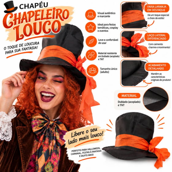 Chapéu Cartola Chapeleiro Louco com Cabelo Laranja