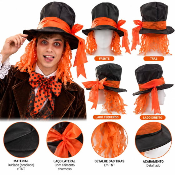 Chapéu Cartola Chapeleiro Louco com Cabelo Laranja