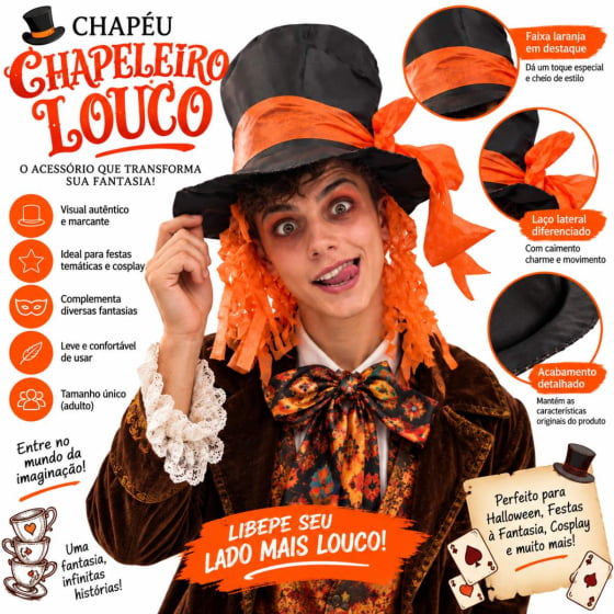 Chapéu Cartola Chapeleiro Louco com Cabelo Laranja