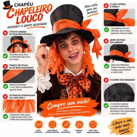 Chapéu Cartola Chapeleiro Louco com Cabelo Laranja