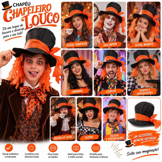Chapéu Cartola Chapeleiro Louco com Cabelo Laranja