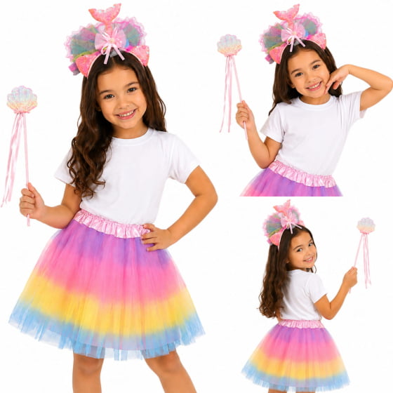 Kit Fantasia Sereia (Tiara + Varinha + Saia de Tule Colorida)