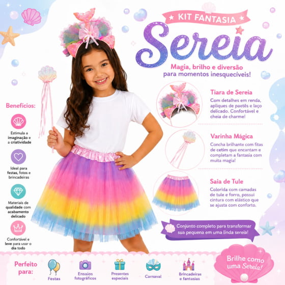 Kit Fantasia Sereia (Tiara + Varinha + Saia de Tule Colorida) Kit Fantasia Sereia (Tiara + Varinha + Saia de Tule Colorida)