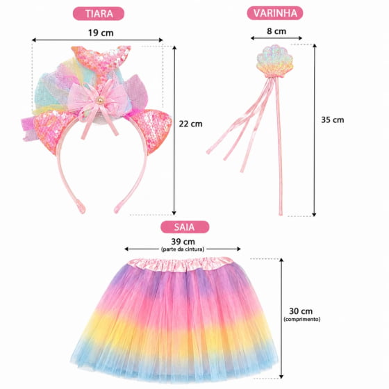 Kit Fantasia Sereia (Tiara + Varinha + Saia de Tule Colorida)