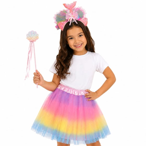 Kit Fantasia Sereia (Tiara + Varinha + Saia de Tule Colorida)