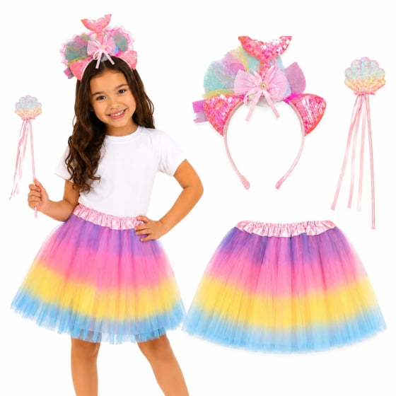 Kit Fantasia Sereia (Tiara + Varinha + Saia de Tule Colorida) Kit Fantasia Sereia (Tiara + Varinha + Saia de Tule Colorida)