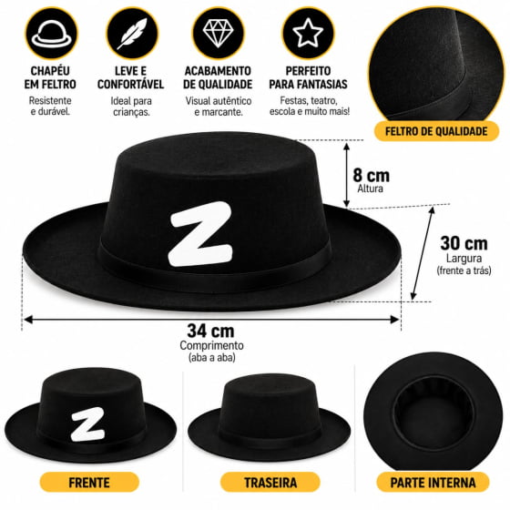 Kit Fantasia Zorro Infantil Crianças Com Chapéu Capa Máscara