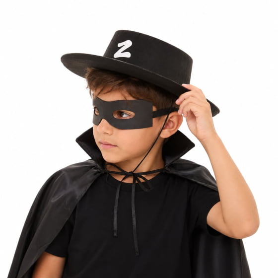 Kit Fantasia Zorro Infantil Crianças Com Chapéu Capa Máscara